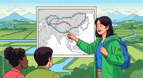 Illustrative Group Discussing Asian Geography Traveling Routes