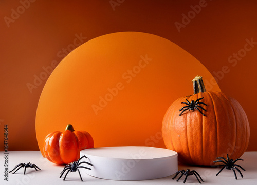 halloween stand to show product on yellow background. clouds floating. Halloween bat. halloween pumkins.
