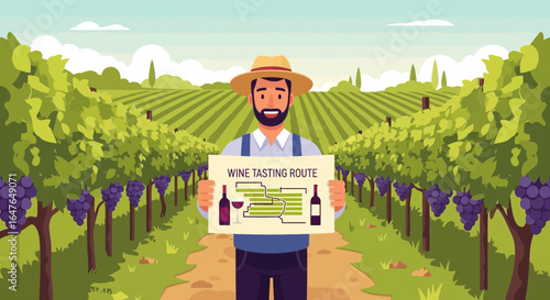Man Inviting To Wine Tasting Route In Vineyard Scenery