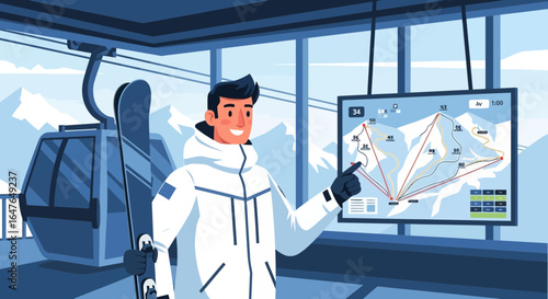 Man Pointing At The Ski Map At The Top Of The Mountain