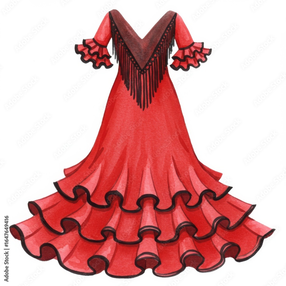 Obraz premium Red Flamenco Dress with Ruffles and Fringe Detail