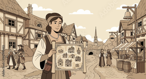 Medieval Town Navigator Holds Map For Travelers, Cartoon Illustration