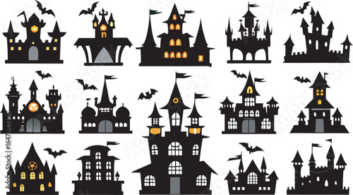 Collection of spooky haunted castles with bats for Halloween in silhouette style