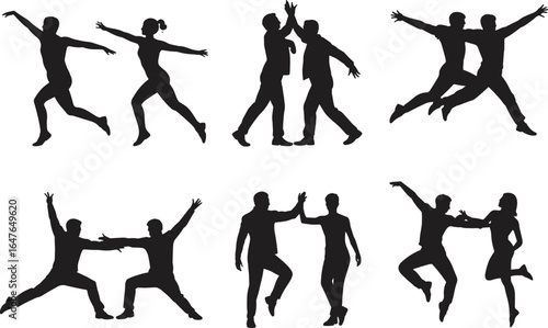 Silhouettes of dancing couples in various poses, partner dance movements, ballroom and Latin styles, black vector illustration on white background, isolated