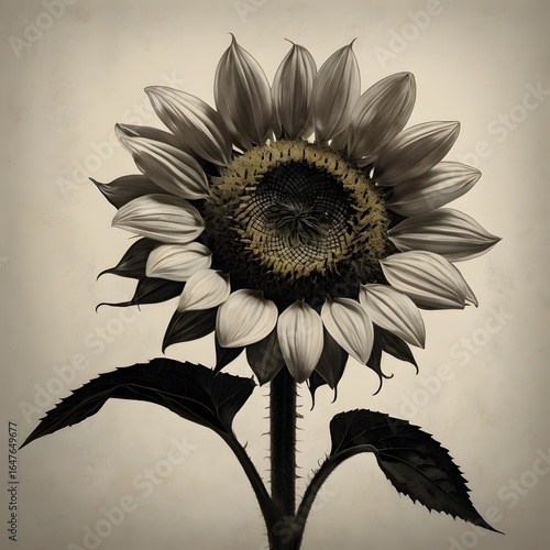 Black and White Sunflower with Dramatic Lighting and Vintage Style