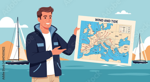 Sailing Adventure Man Shows Wind And Tide Map On Ocean