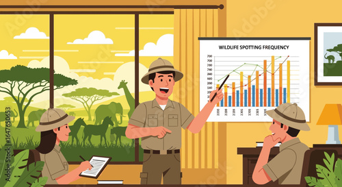 Safari Team Discussing Wildlife Observation Data Presentation Vector