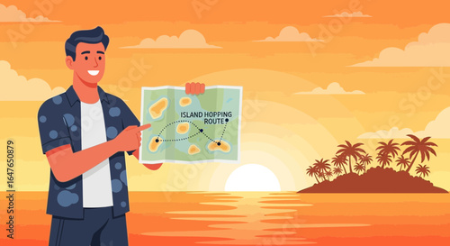 Smiling Man Planning Vacation Island Hopping Adventure at Sunset