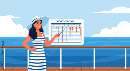 Stylish Cruise Director Explaining Port Schedule Onboard Ocean Liner