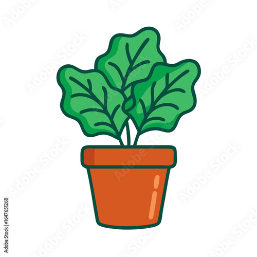 Cartoon-styled houseplant with lush green leaves in a terracotta pot on black background