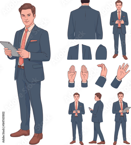 Funny cartoon businessmen in suits standing together, representing a confident team of corporate professionals