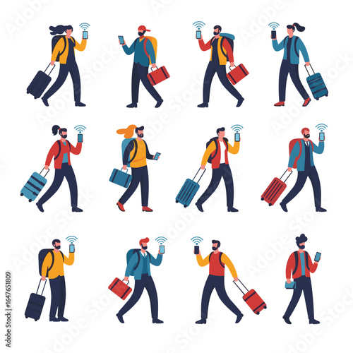 People traveling with luggage and smartphones connected to wireless network