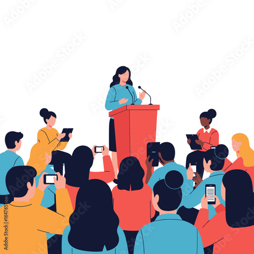 Woman speaking at podium with crowd watching and recording event