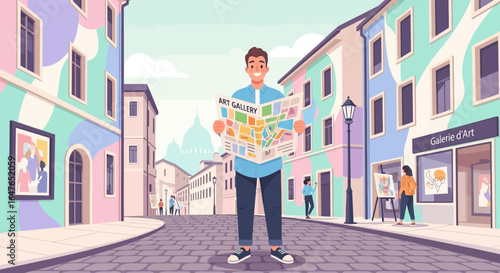 Visiting Art Galleries Man Holding Map in Colorful European City