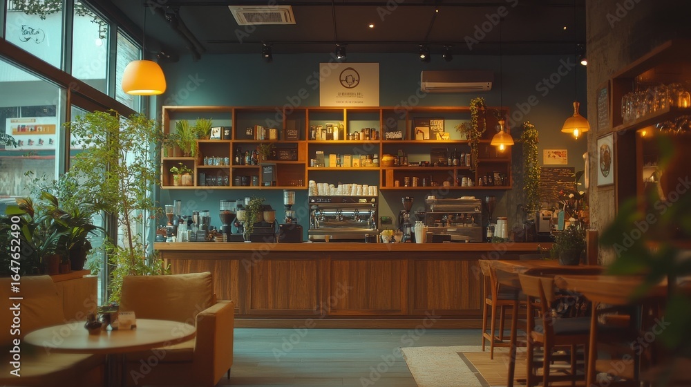 Modern Coffee Shop Interior with Wooden Bar and Warm Lighting Modern Coffee Shop Interior with Wooden Bar and Warm Lighting