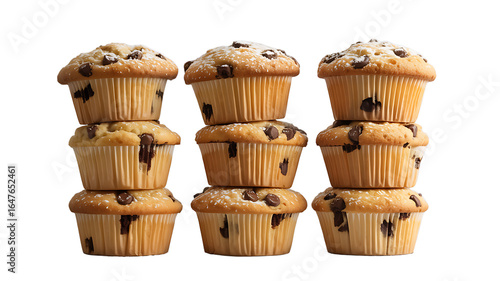 Delicious Homemade Chocolate Chip Muffins Sprinkled with Powdered Sugar, transparent background
