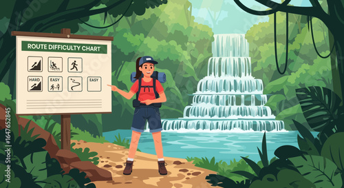 Woman Demonstrating Hiking Route Difficulty In Lush Jungle Near Waterfall