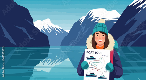 Woman Planning Boat Tour Adventure Amidst Glacial Scenery