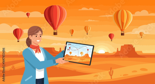 Woman Presents Hot Air Balloon Ride Route on Tablet Device