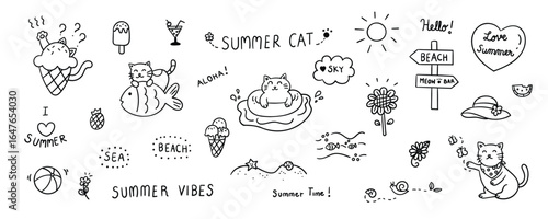 Hand drawn cat cafe element line doodle concept set. Illustration vector design.