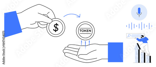 Hand passing dollar coin to another hand receiving token, voice recognition icon, person analyzing data, arrow growth. Ideal for technology, finance, cryptocurrency, data, voice tech abstract trade