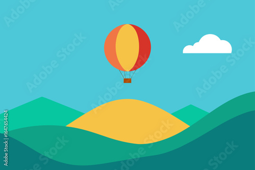 flat design air balloon flying over hills