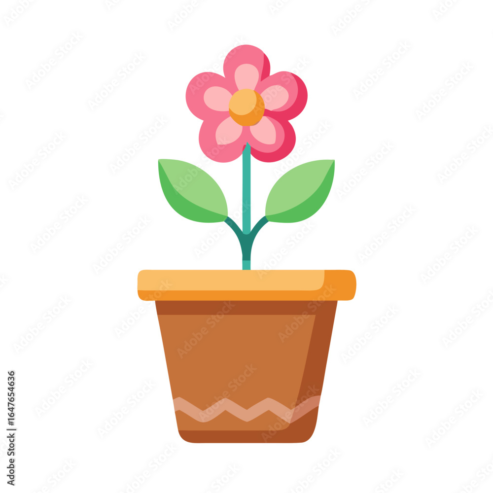 Fototapeta premium Cute potted pink flower on black background - flat vector illustration.