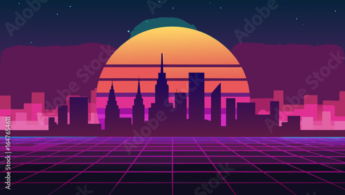 flat design cyberpunk city skyline with neon gradient