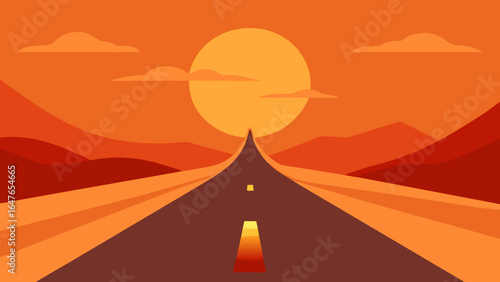 flat design desert road leading to horizon with windmill