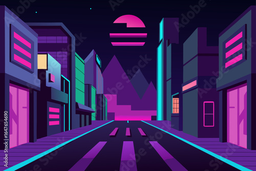 flat design cyberpunk street with neon signs variation