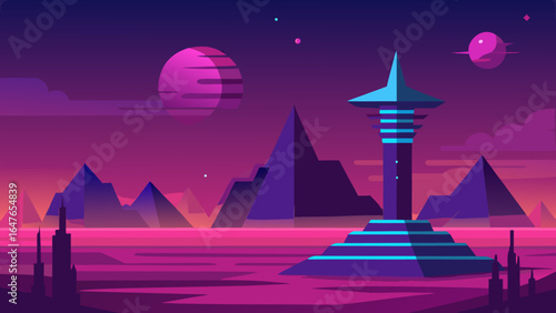flat design futuristic sci fi landscape glowing