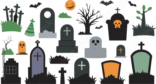 Halloween Graveyard Scene with Tombstones Bats and Ghosts in a Spooky Illustration