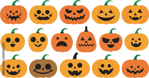 Collection of Spooky Halloween Pumpkins with Different Carved Faces Isolated on White