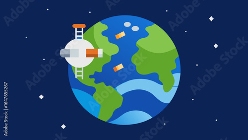flat design space station orbiting earth