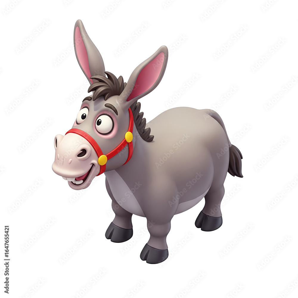 Fototapeta premium Cartoon Donkey with Bridle on White Background