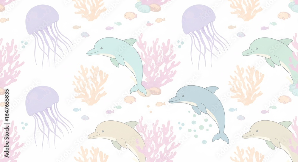 Naklejka premium 穏やか海中 パステルイルカとクラゲ 優美な水彩画風. AI Generated