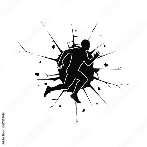 Silhouette of a man running through a broken wall breaking through barriers overcoming obstacles achieving success