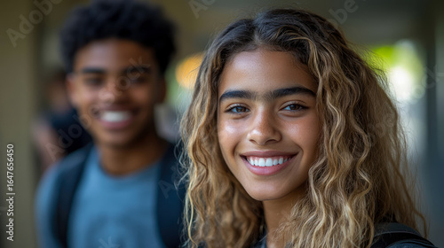 Uplifting portrait of beautiful diverse young woman with long wavy hair smiling brightly, showcasing her genuine happiness, with blurred yet friendly male peer in background, creating positive and you
