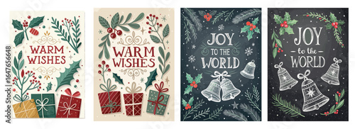 Colorful holiday greeting cards featuring festive designs with gifts, bells, and joyful messages.