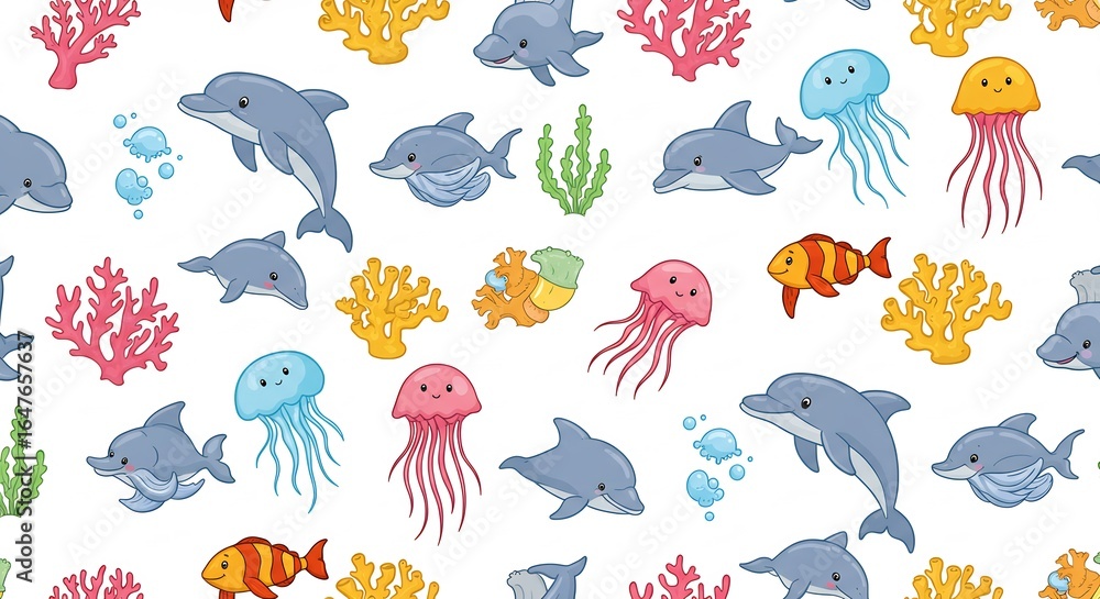 Naklejka premium 元気なイルカとクラゲ 海中模様 鮮やか色彩. AI Generated