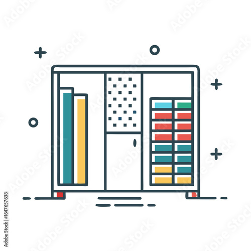 Colorful flat design illustration of a storage cabinet with books and shelves