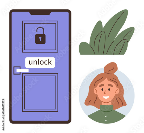 Digital door with unlocked icon, button labeled unlock, smiling woman portrait, and plant. Ideal for security, digital access, personal identification, smart technology, user control trust modern