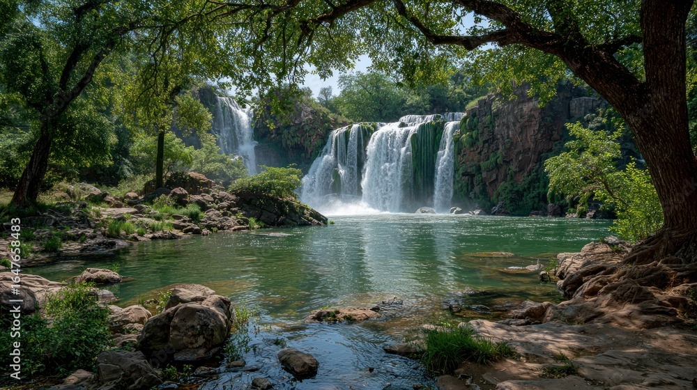 Obraz premium Lush waterfall cascading into a tranquil pool, framed by green trees