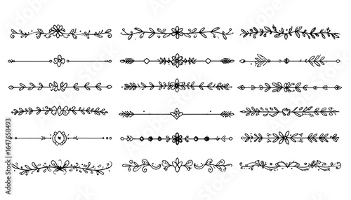 Elegant floral dividers and ornaments for decorative design elements, hand-drawn style