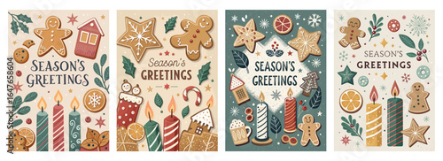Colorful holiday-themed illustrations featuring festive treats and decorations.