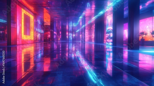 Vibrant Neon Cityscape Corridor Pink Blue Purple Glowing Lights Reflecting on Wet Floor