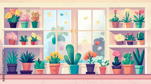 Vibrant collection of potted plants including colorful flowers, succulents, and cacti arranged on white shelves and sunlit windowsill in cheerful, cozy room with large window