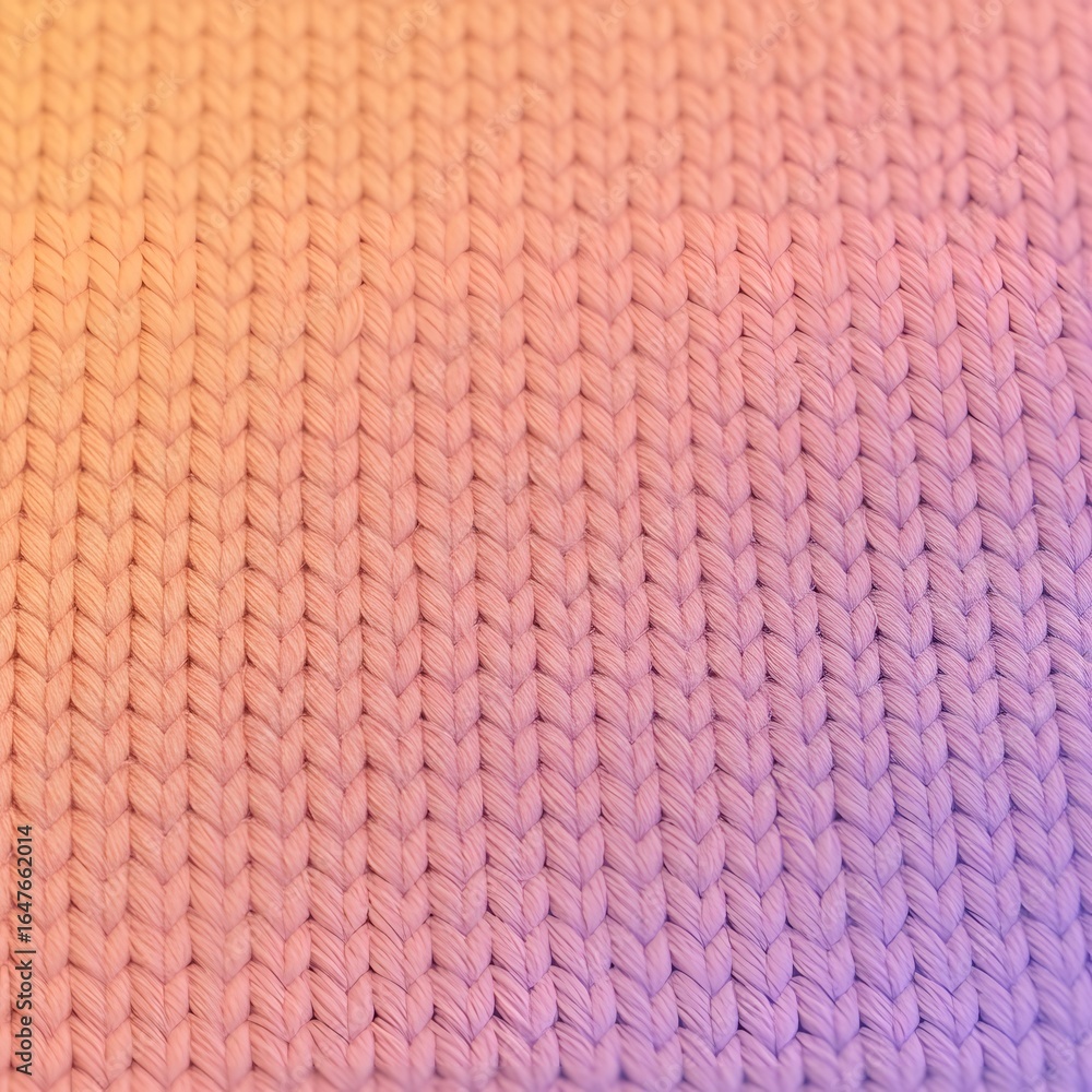 Fototapeta premium Vibrant pastel gradient on a soft knitted wool fabric texture. Detailed macro view of cozy knitwear pattern for a warm abstract background.