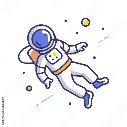 Cartoon astronaut floating in space surrounded by cosmic dust and planets