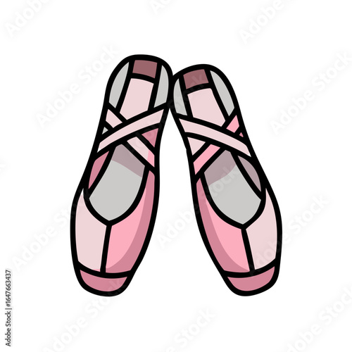 Pair of pink ballet pointe shoes with ribbons and black outlines